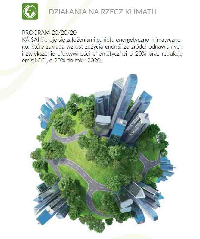 KAISAI kieruje się założeniami pakietu energetyczno-klimatycznego, który zakłada wzrost zużycia energii ze źródeł odnawialnych i zwiększenie efektywności energetycznej o 20% oraz redukcję emisji CO2 o 20% do roku 2020.
